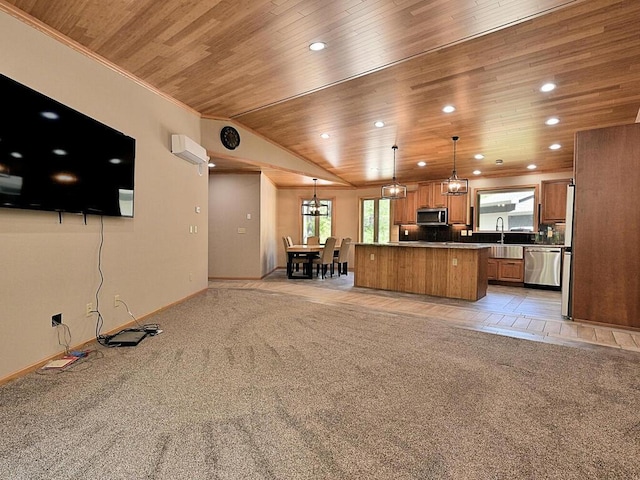 33272 Big Pine Trl, Grand Rapids, MN 55744 - living area featuring wood ceiling, recessed lighting, light colored carpet, and baseboards