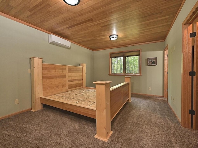 33272 Big Pine Trl, Grand Rapids, MN 55744 - bedroom with wooden ceiling, a wall mounted air conditioner, carpet floors, crown molding, and baseboards