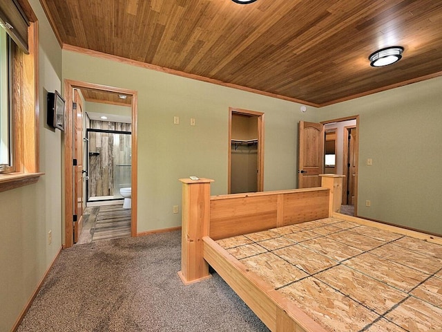 33272 Big Pine Trl, Grand Rapids, MN 55744 - carpeted bedroom featuring wood ceiling, ornamental molding, ensuite bath, and baseboards