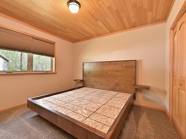 33272 Big Pine Trl, Grand Rapids, MN 55744 - unfurnished bedroom featuring wood ceiling, carpet, ornamental molding, and baseboards