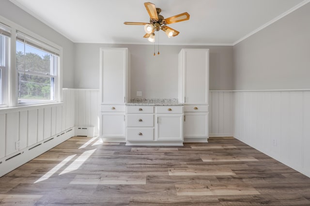 30105 Olinda Trl, Lindstrom, MN 55045 - unfurnished dining area with wainscoting, a baseboard heating unit, wood finished floors, a ceiling fan, and crown molding