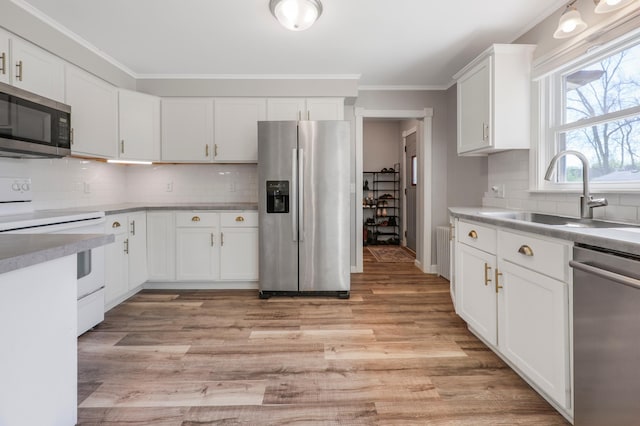 30105 Olinda Trl, Lindstrom, MN 55045 - kitchen with appliances with stainless steel finishes, a sink, ornamental molding, decorative backsplash, and light countertops