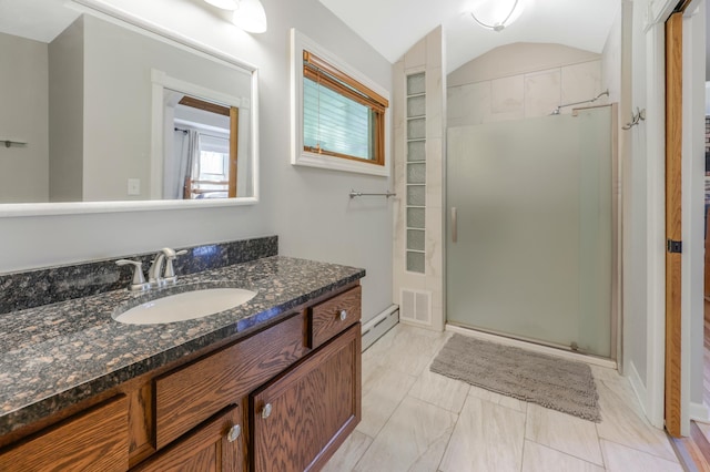30105 Olinda Trl, Lindstrom, MN 55045 - full bathroom with a stall shower, baseboard heating, marble finish flooring, vanity, and lofted ceiling