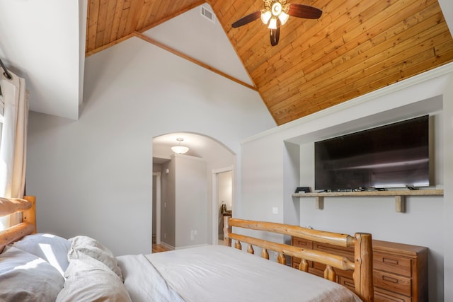30105 Olinda Trl, Lindstrom, MN 55045 - bedroom with wooden ceiling, arched walkways, high vaulted ceiling, and ceiling fan