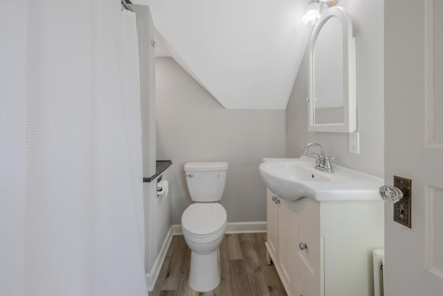 30105 Olinda Trl, Lindstrom, MN 55045 - bathroom with wood finished floors, toilet, vanity, lofted ceiling, and baseboards