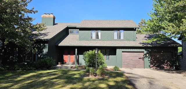 1108 Maple St, Alexandria, MN 56308 - view of front facade featuring a chimney, driveway, roof with shingles, a front yard, and an attached garage