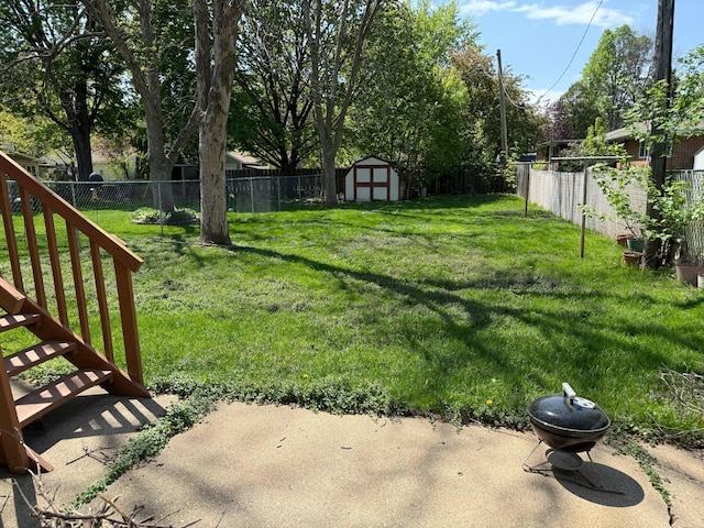 view of yard with a storage shed and an outbuilding