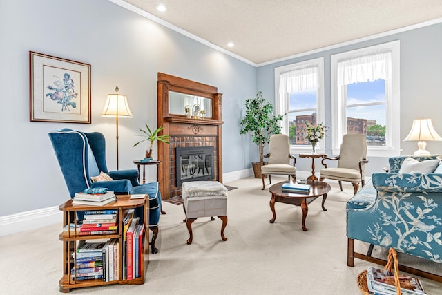 carpeted living room featuring crown molding, a brick fireplace, recessed lighting, baseboards, and a textured ceiling