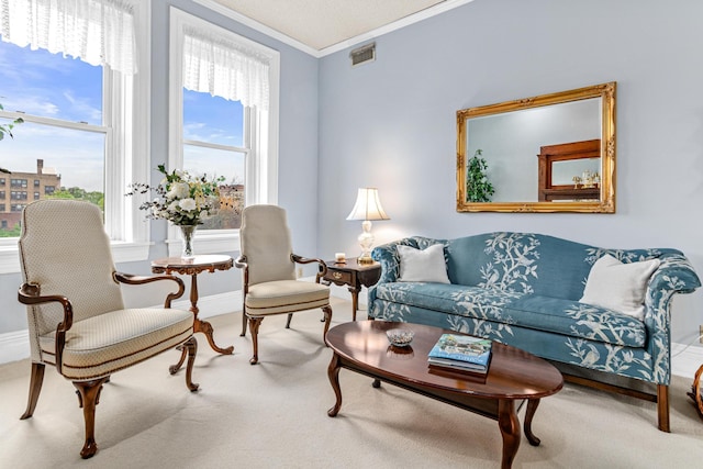 carpeted living area featuring crown molding and baseboards