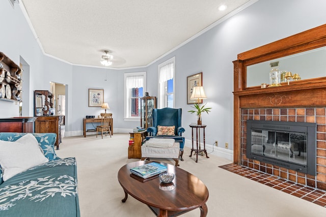carpeted living room featuring ornamental molding, a textured ceiling, a brick fireplace, baseboards, and recessed lighting