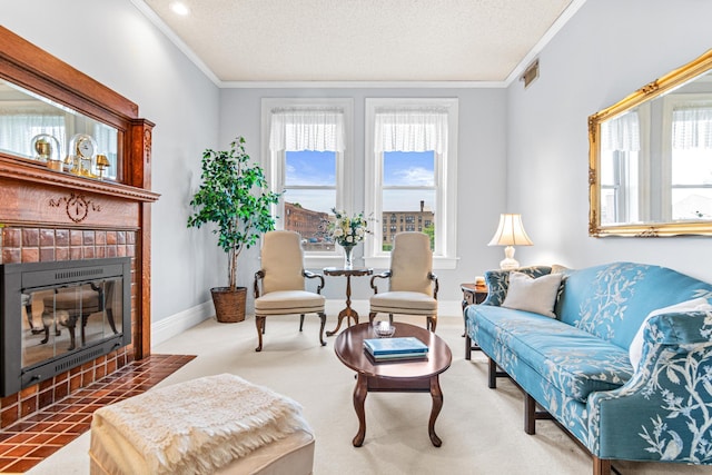 carpeted living area featuring crown molding, a fireplace, baseboards, and a textured ceiling