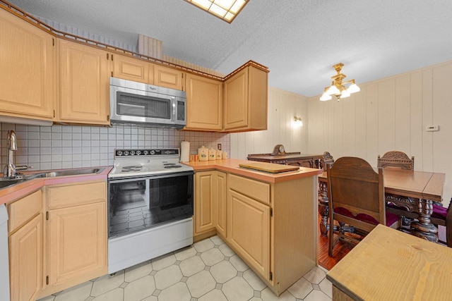 5440 Three Points Blvd Unit 536, Mound, MN 55364 - kitchen with stainless steel microwave, white range with electric cooktop, a peninsula, a chandelier, and a sink