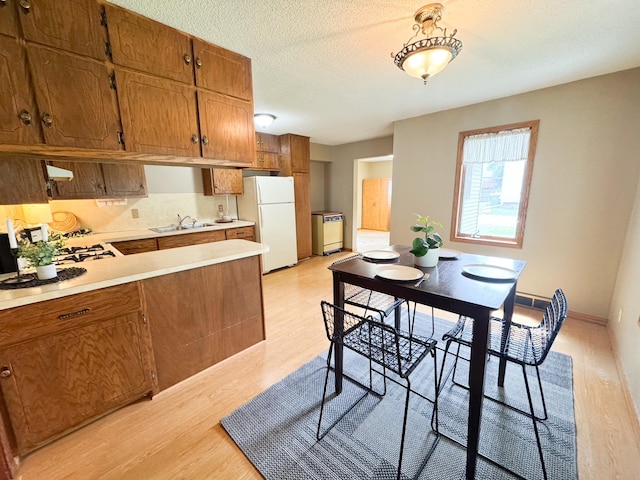 404 5th Ave, Wilmont, MN 56185 - kitchen featuring freestanding refrigerator, a sink, light countertops, light wood finished floors, and brown cabinets