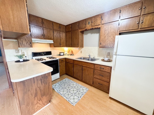 404 5th Ave, Wilmont, MN 56185 - kitchen with white appliances, under cabinet range hood, a sink, light countertops, and a textured ceiling