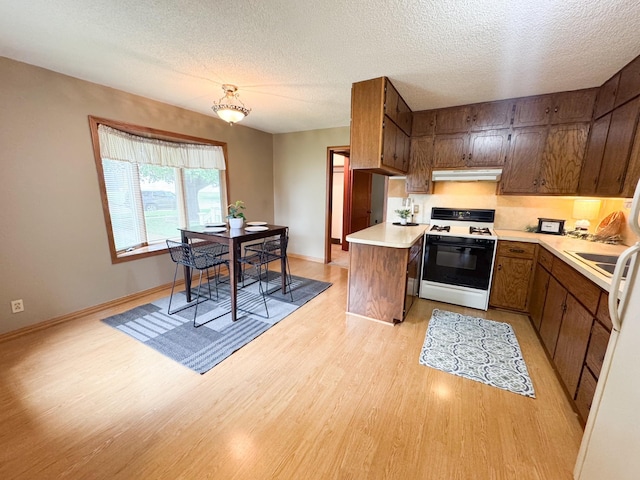 404 5th Ave, Wilmont, MN 56185 - kitchen with gas range, under cabinet range hood, light countertops, light wood finished floors, and a textured ceiling