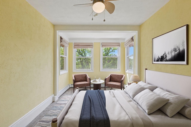 1125 James Ave, Saint Paul, MN 55105 - bedroom with a textured wall, baseboards, a baseboard heating unit, and ceiling fan