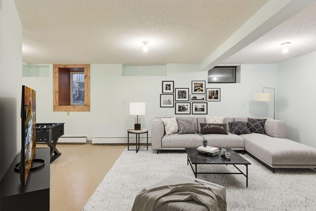 1125 James Ave, Saint Paul, MN 55105 - living room with a textured ceiling, a baseboard radiator, and a baseboard heating unit