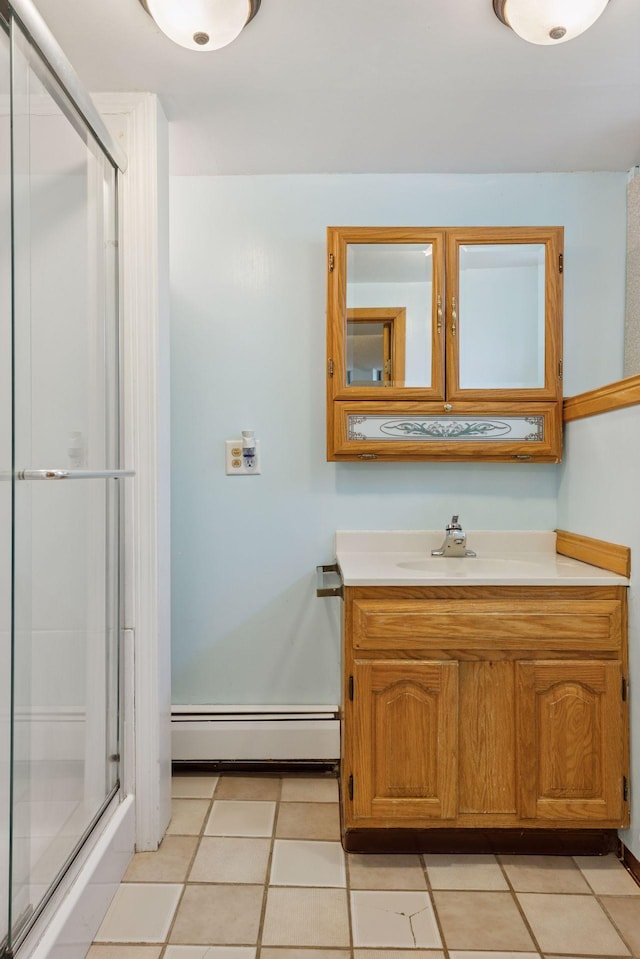 1125 James Ave, Saint Paul, MN 55105 - full bathroom with a baseboard heating unit, a stall shower, vanity, and tile patterned flooring