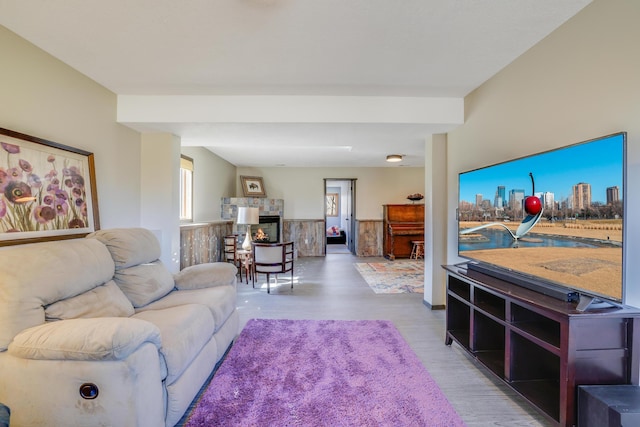 8678 Boiling Springs Ln, Shakopee, MN 55379 - living room featuring wood finished floors, a wainscoted wall, and a fireplace