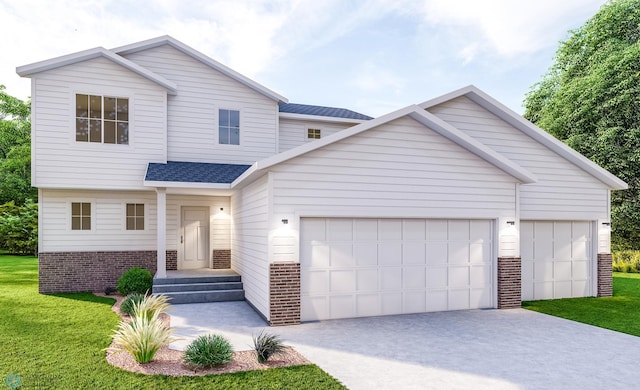 view of front of house with brick siding, a garage, driveway, a shingled roof, and a front yard