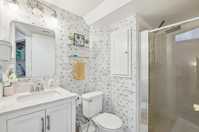 1905 125th Ave NE, Blaine, MN 55449 - full bathroom with tile walls, a shower stall, toilet, vanity, and decorative backsplash