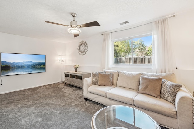 1905 125th Ave NE, Blaine, MN 55449 - living room featuring carpet floors, ceiling fan, baseboards, and a textured ceiling