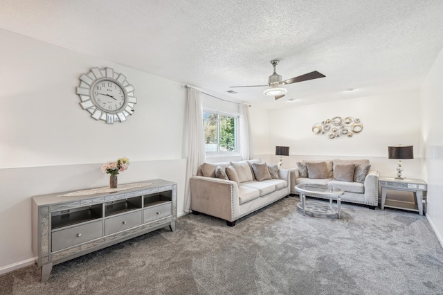 1905 125th Ave NE, Blaine, MN 55449 - living room featuring carpet floors, a textured ceiling, a ceiling fan, and baseboards
