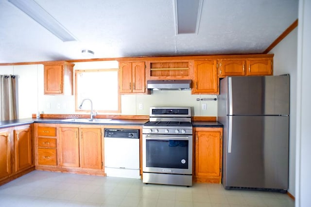 kitchen with stainless steel appliances, exhaust hood, a sink, brown cabinets, and light flooring