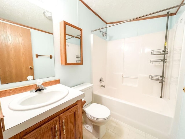 full bath featuring toilet, vanity,  shower combination, and tile patterned floors
