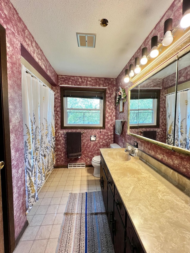 1416 13th Ave, Clarkfield, MN 56223 - full bath featuring wallpapered walls, plenty of natural light, toilet, vanity, and a textured ceiling