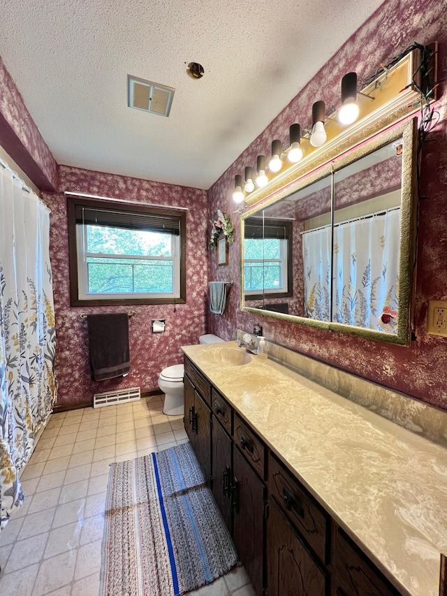 1416 13th Ave, Clarkfield, MN 56223 - bathroom with wallpapered walls, healthy amount of natural light, toilet, a textured ceiling, and vanity
