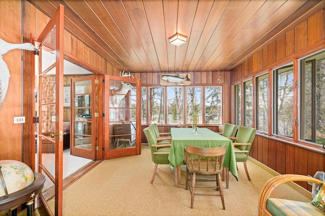 21895 County Road 8, Bovey, MN 55709 - sunroom with wood walls, french doors, carpet flooring, and wood ceiling