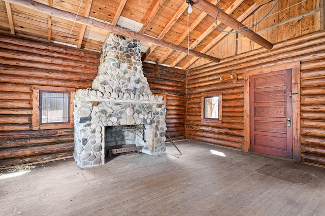 21895 County Road 8, Bovey, MN 55709 - unfurnished living room featuring high vaulted ceiling, wood ceiling with exposed beams, hardwood / wood-style floors, rustic walls, and a fireplace