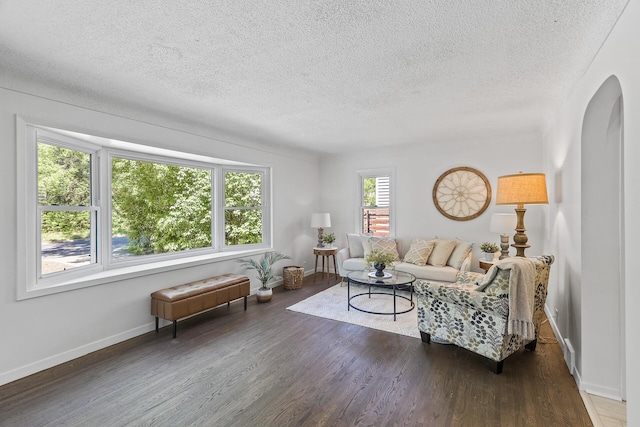 living room with wood finished floors, a textured ceiling, baseboards, and arched walkways