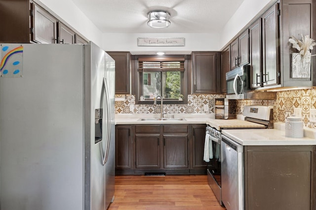 6242 Pecan St, North Branch, MN 55056 - kitchen with stainless steel appliances, a sink, tasteful backsplash, dark brown cabinets, and light wood finished floors