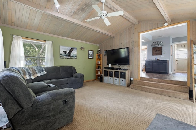 212 4, Montevideo, MN 56265 - living room with carpet, wooden ceiling, ceiling fan, and wooden walls