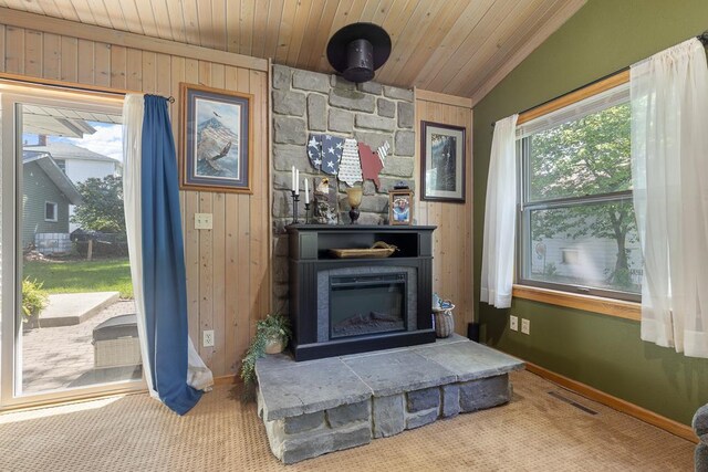212 4, Montevideo, MN 56265 - detailed view of wooden walls, wood ceiling, a fireplace, carpet, and baseboards