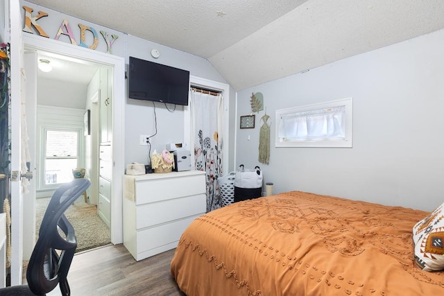 212 4, Montevideo, MN 56265 - bedroom featuring dark wood finished floors, lofted ceiling, and a textured ceiling