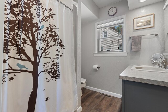 212 4, Montevideo, MN 56265 - full bath with vanity, toilet, wood finished floors, baseboards, and a shower with curtain