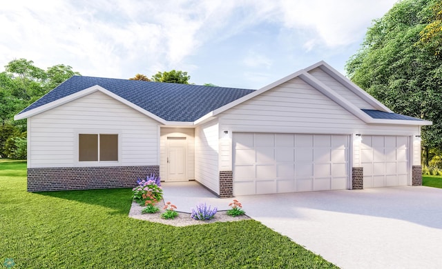 ranch-style house featuring an attached garage, brick siding, roof with shingles, and driveway