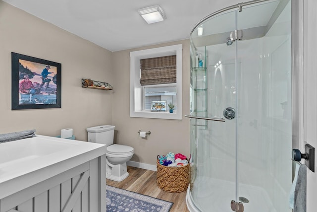 46710 Glens Beach Rd, Elysian Twp, MN 56096 - full bath with wood finished floors, a stall shower, and toilet
