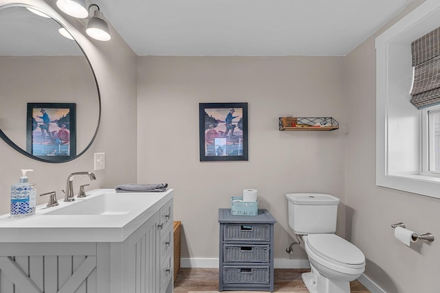 46710 Glens Beach Rd, Elysian Twp, MN 56096 - half bath with toilet, baseboards, wood finished floors, and vanity