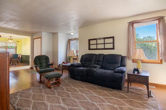 207 2nd Ave W, Balsam Lake, WI 54810 - living area featuring wood-type flooring, a ceiling fan, and baseboards