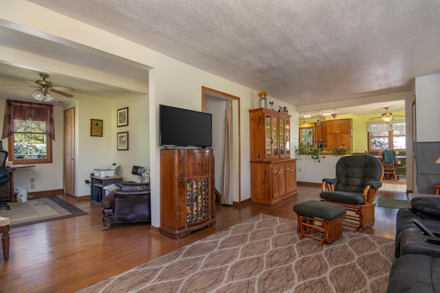 207 2nd Ave W, Balsam Lake, WI 54810 - living area featuring a ceiling fan, wood finished floors, a textured ceiling, and baseboards
