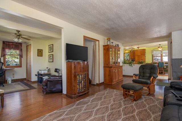 207 2nd Ave W, Balsam Lake, WI 54810 - living area with wood finished floors, a ceiling fan, a textured ceiling, and baseboards