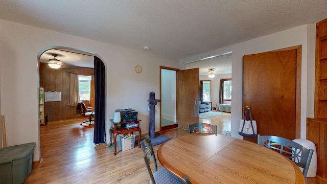dining area featuring plenty of natural light, radiator heating unit, light wood-type flooring, and arched walkways
