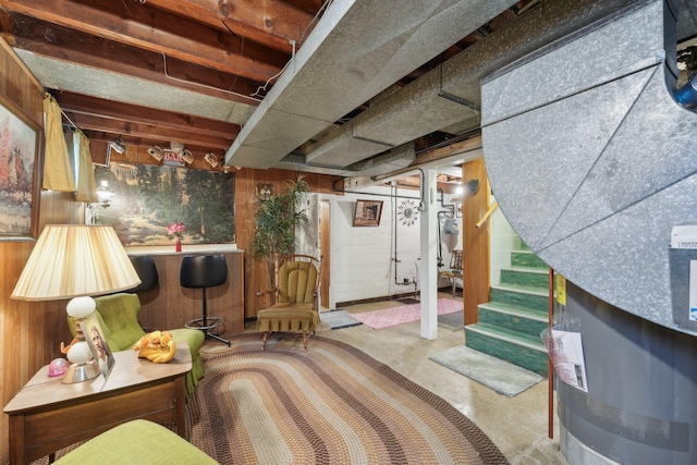 4518 Colfax Ave N, Minneapolis, MN 55412 - basement with wooden walls, stairs, and heating unit