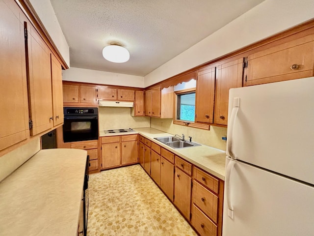 25 103rd Ave NW, Coon Rapids, MN 55448 - kitchen with freestanding refrigerator, oven, a sink, under cabinet range hood, and light countertops