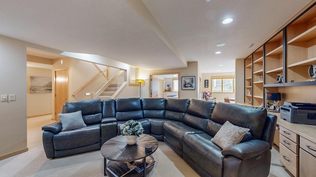 2592 Aspen Pl SW, Rochester, MN 55902 - living room featuring recessed lighting, light colored carpet, and stairway
