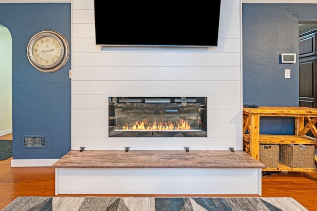 114 3rd Ave E, Truman, MN 56088 - detailed view of a glass covered fireplace, wood finished floors, a textured wall, and baseboards